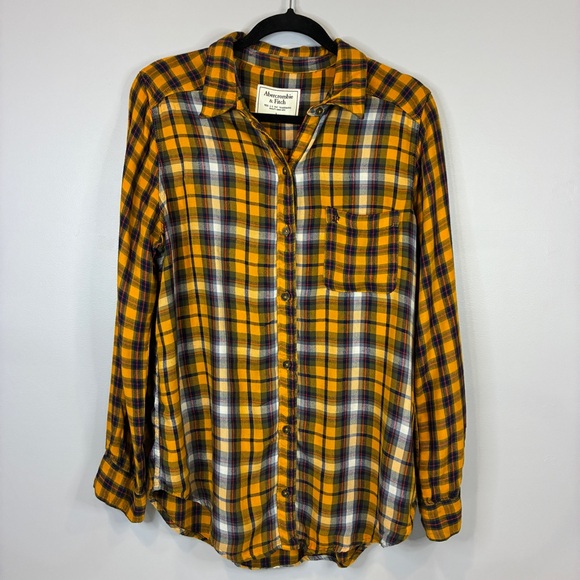 Abercrombie‎ Fitch Womens L Rust Orange Blue Plaid Shirt Casual Classic Weekend - Picture 8 of 10